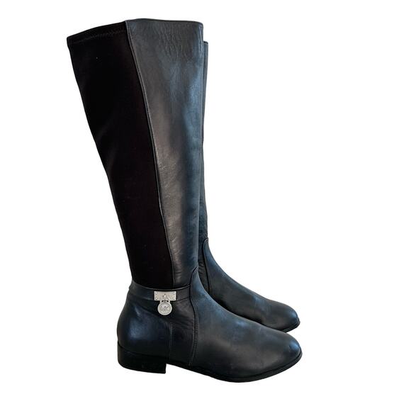 Michael Kors Knee High Riding Boots Size 8.5 Black Leather Stretch Metal Charm - Picture 1 of 11